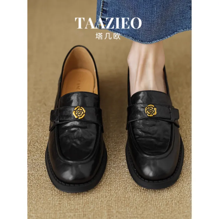 TAAZIEO超软小羊皮黑色山茶花乐福鞋爆款英伦风一脚蹬厚底单鞋女