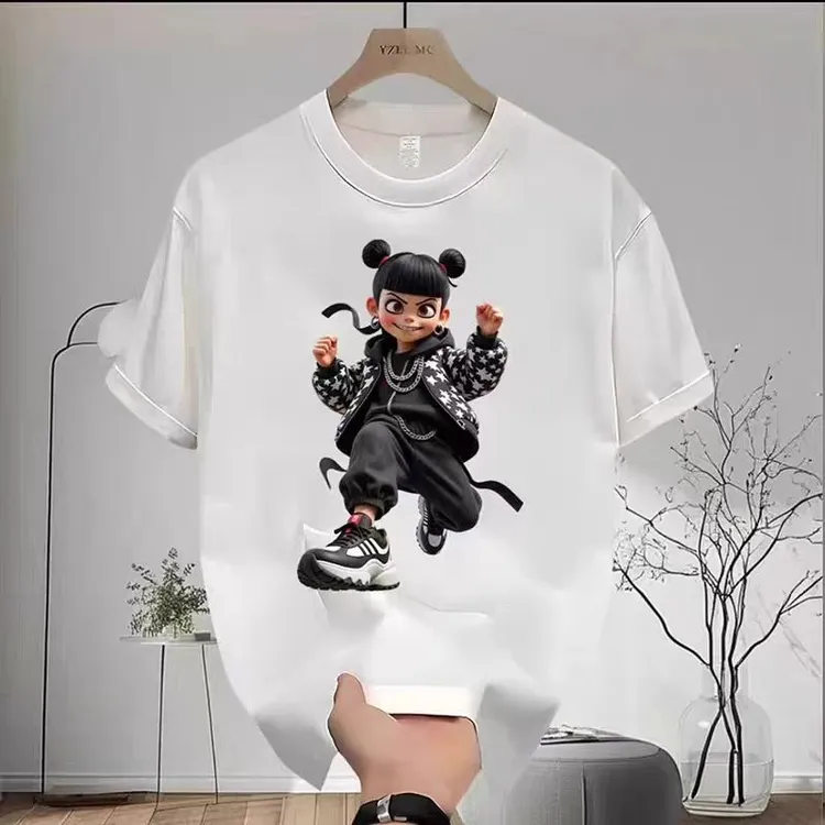 新款夏季国潮个性哪吒印花宽松高级设计男款百痞帅搭圆领纯棉短袖