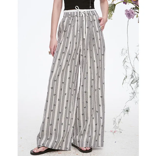妖精的蕾丝格子阔腿休闲裤女2025春季新款宽松慵懒风直筒裤子