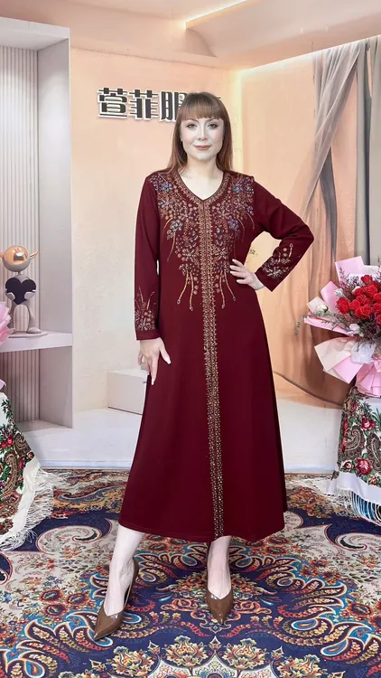 萱菲长袖烫钻长袖结婚V领大码连衣裙罗马针织面料礼服001