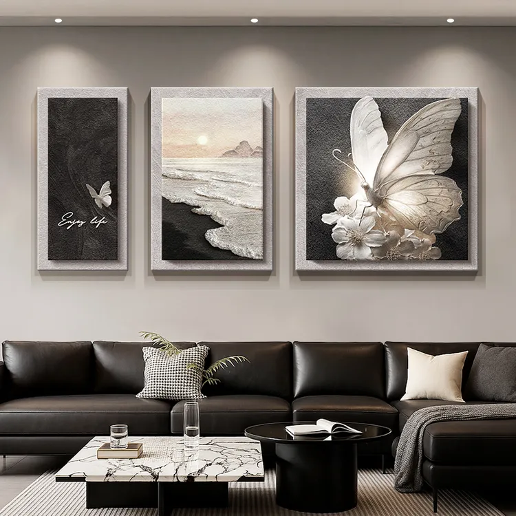 黑白高级感蝴蝶客厅装饰画立体浮雕沙发背景墙挂画大白墙抽象壁画