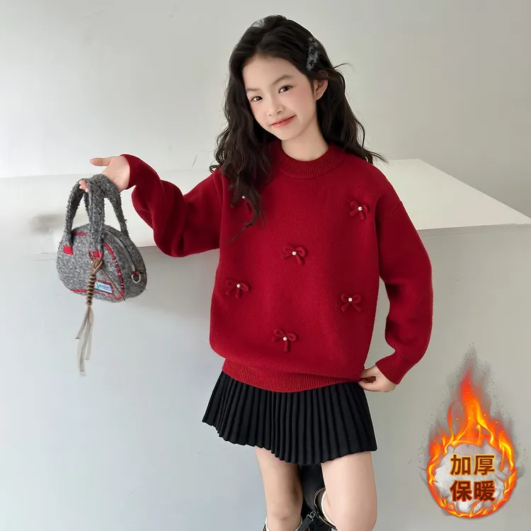 女童蝴蝶结新年红色毛衣秋冬2025新款洋气女孩上衣大童加厚针织衫