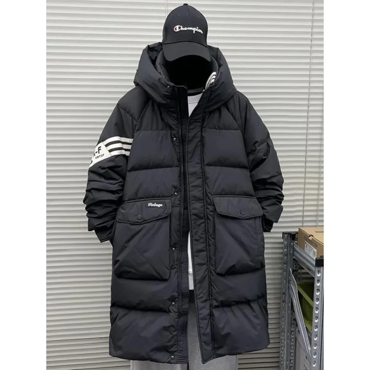 条纹羽绒服男中长款青少年2023冬季新款加厚外套撞色潮牌学生派克