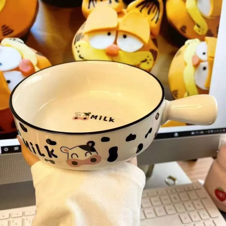 碗家用烤碗奶牛手柄碗创意卡通碗网红款可爱碗勺餐具组合陶瓷烤碗