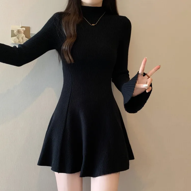 大码女装半高领喇叭袖中长款针织衫女秋冬胖妹妹遮肚子荷叶边上衣