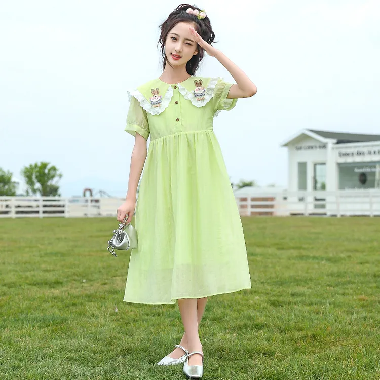 女童连衣裙夏装2025新款儿童洋气娃娃领公主裙中大童雪纺连衣裙