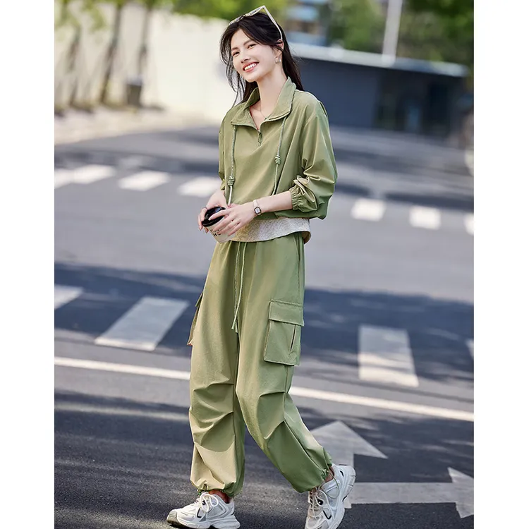 尚静户外工装风套装2025春夏新款假两件拼接卫衣+中腰抽绳工装裤