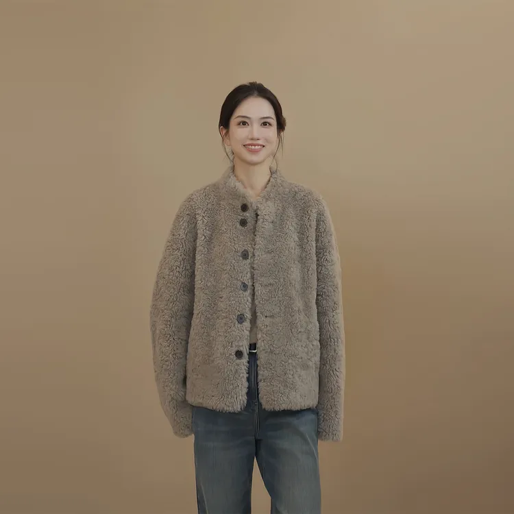 小禾【摩卡】100羊毛简约休闲小立领矜贵休闲短款秋冬羊羔毛外套