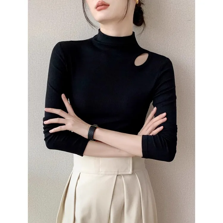 灰色正肩长袖T恤女2025春秋修身百搭时尚显瘦内搭半高领打底衫上
