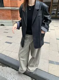 伟丽6店4323款【翻领拼条纹西装皮衣外套】复古港风中长款皮衣外套