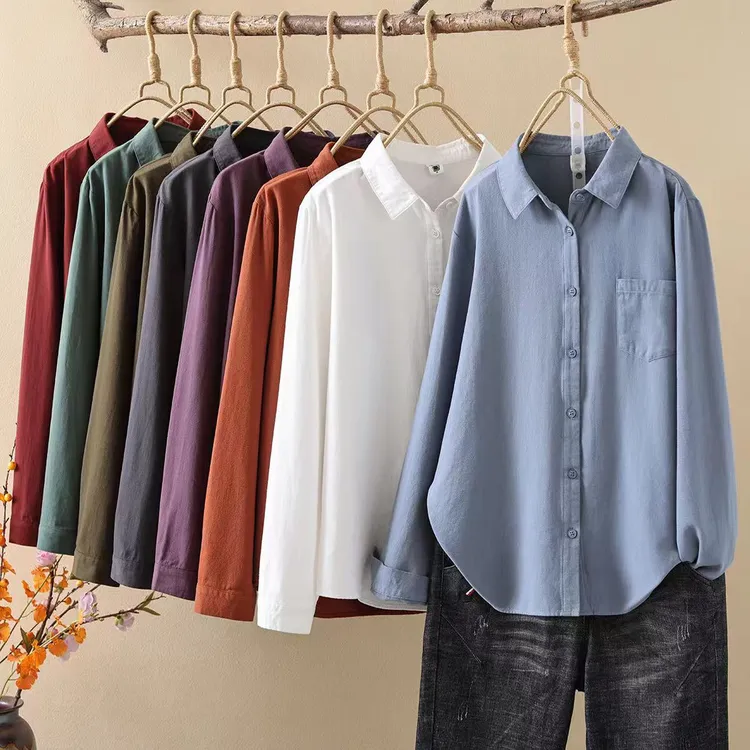 秋季新款纯棉长袖衬衫女宽松纯色磨毛棉休闲上衣方领简约百搭衬衣