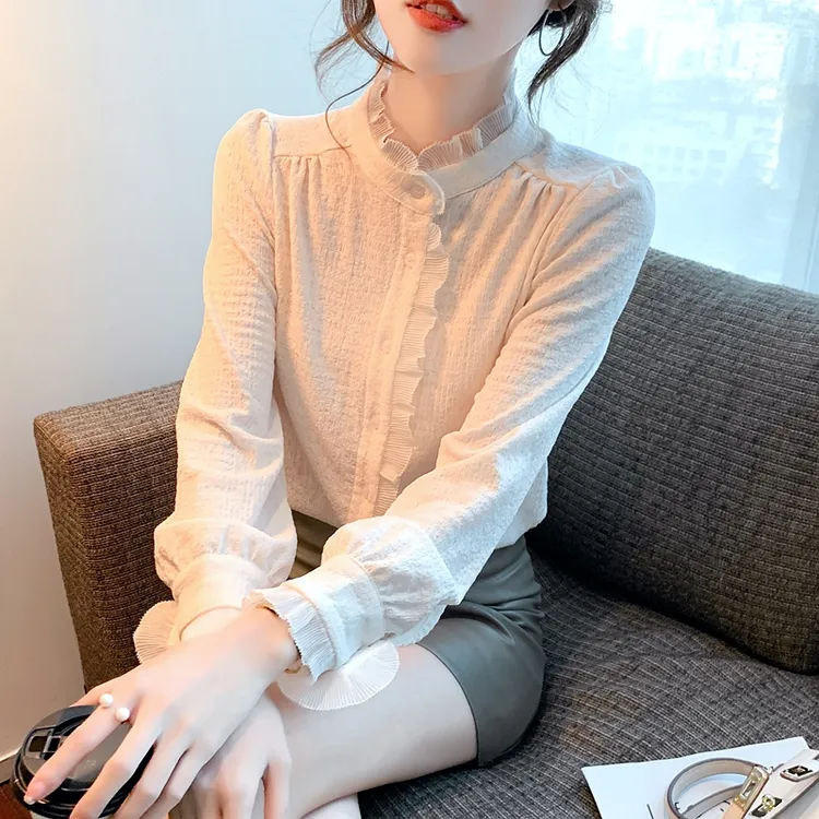 2025春秋新款立领长袖加绒雪纺衬衫女士高级感法式上衣气质打底衫