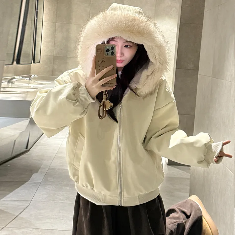 座山雕pu皮棉服女冬2025年新款大毛领加绒加厚棉衣派克服冬季外套