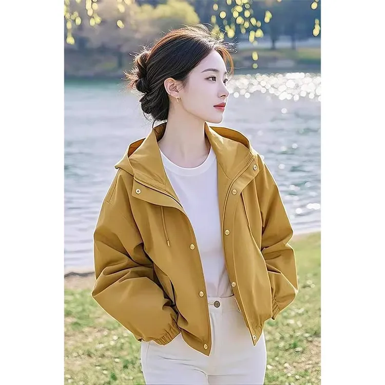外套女款2025年新款春装爆款超火独特漂亮百搭连帽短款黄色上衣