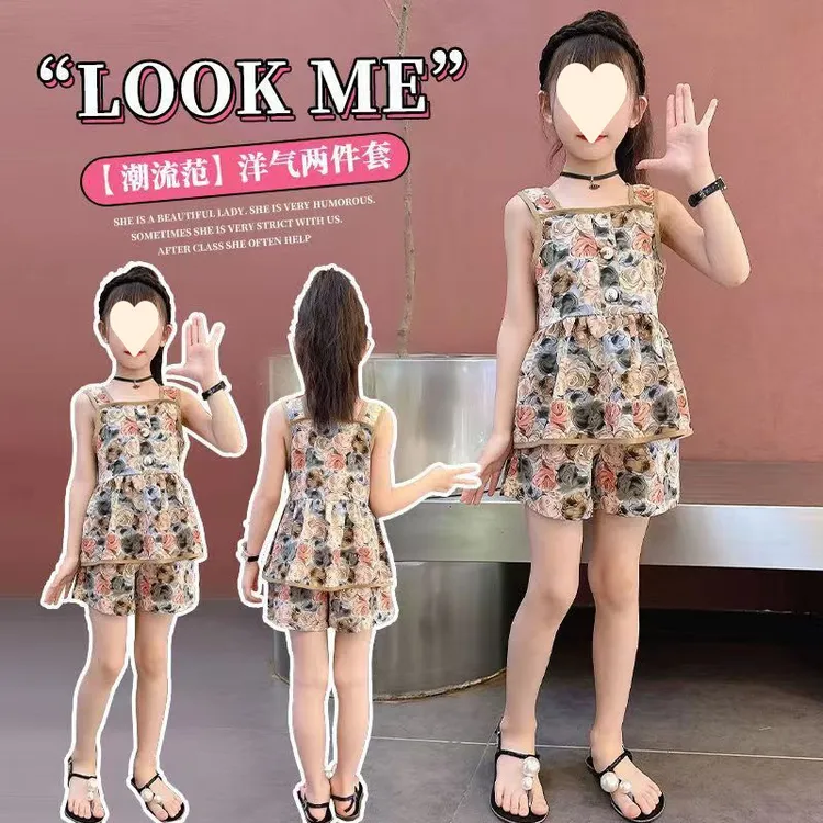 儿童夏季套装复古玫瑰花洋气时尚无袖网红女童韩版小女孩儿童服装