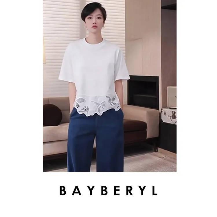 BAYBERYL老贝艺术镂空*拼接摆圆领白色短袖T恤NT5C1906-4/19