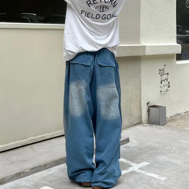 rugby夏季新款oldschool宽松松紧腰章仔褶位牛仔收脚直筒裤