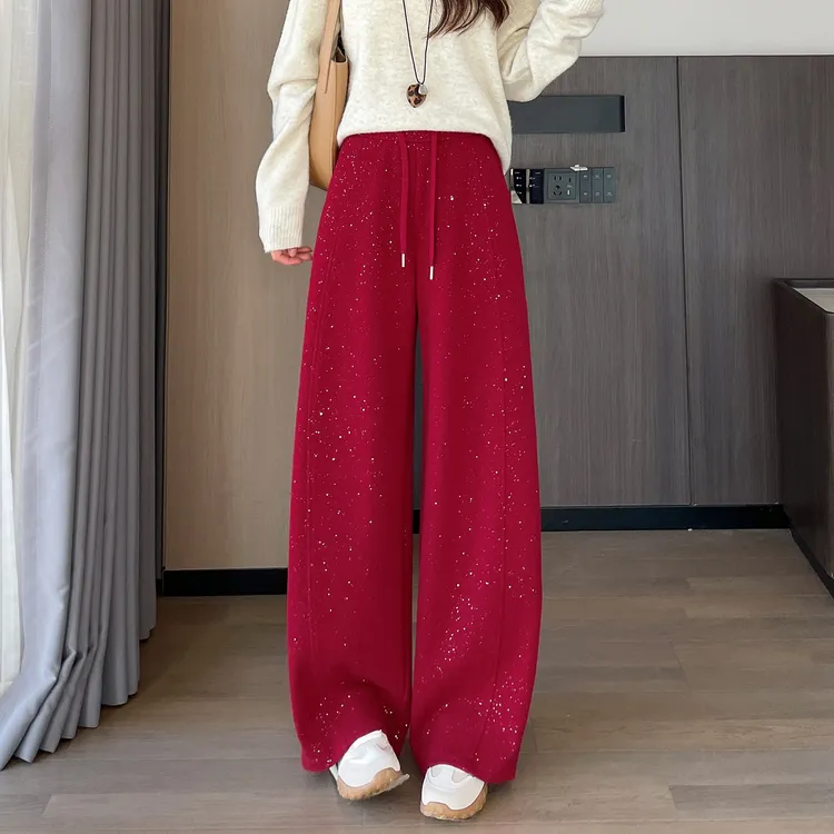 中国红烫金加绒弯刀裤女秋冬季高腰垂感休闲镰刀裤直筒百搭阔腿裤