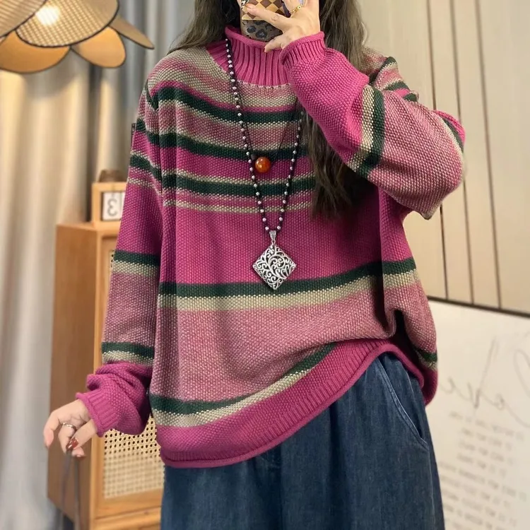 秋季高领长袖条纹拼色针织衫女2025文艺休闲宽松毛套头针织衫