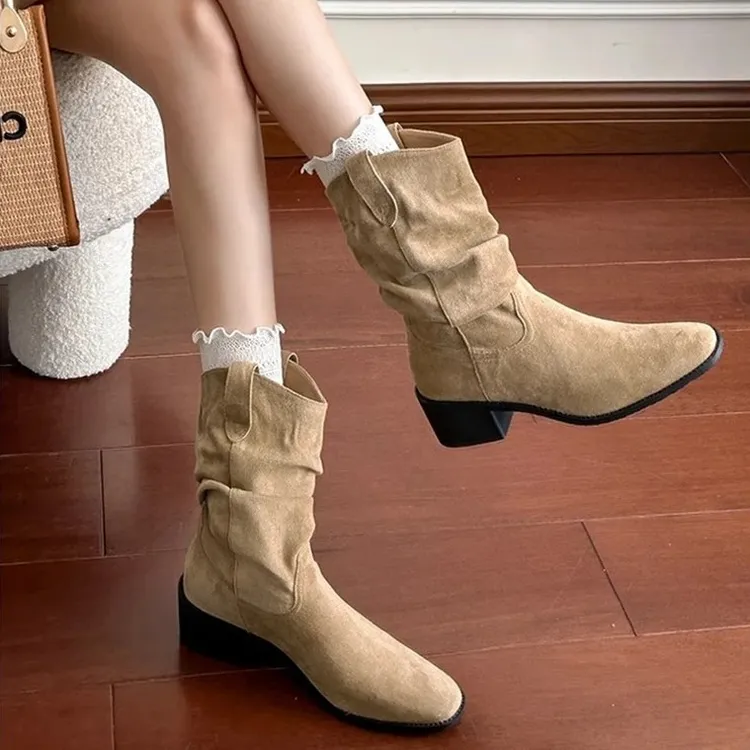 复古方头绒面西部牛仔靴女2025秋冬粗跟褶皱堆堆靴中跟骑士靴短靴