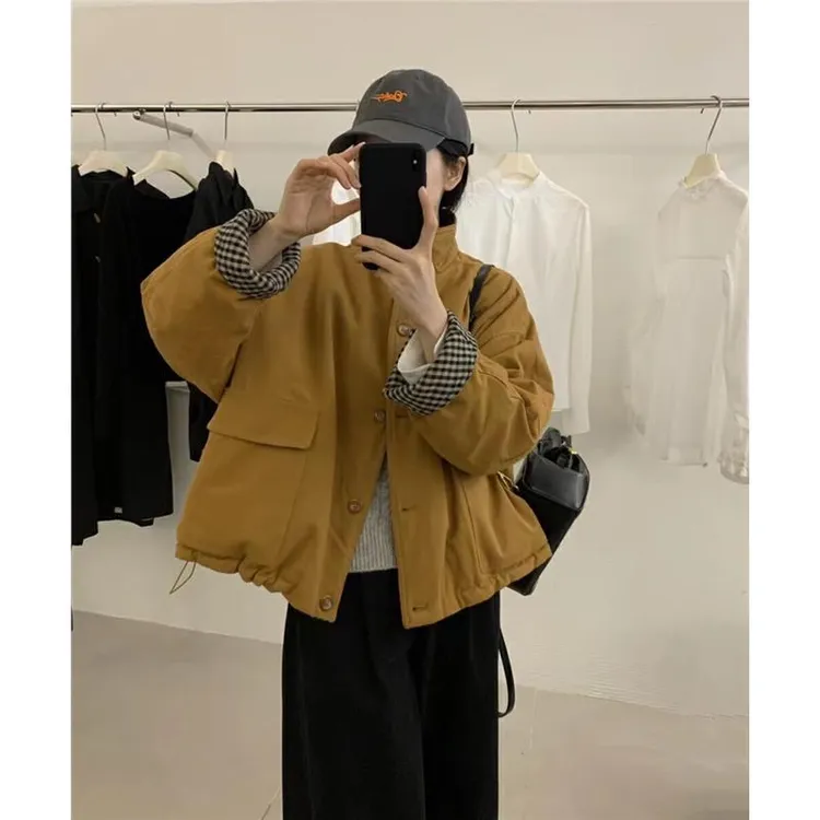 2025秋冬季新款韩系简约复古休闲百搭宽松短款抽绳棉服外套女