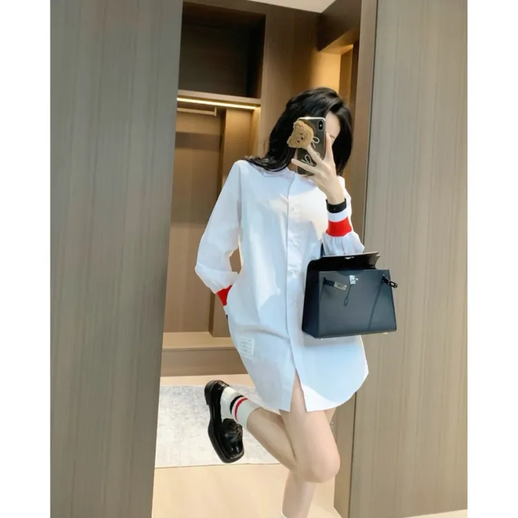 时尚衬衣女款爆款2025新款显瘦长袖休闲百搭宽松中长款白色假两件