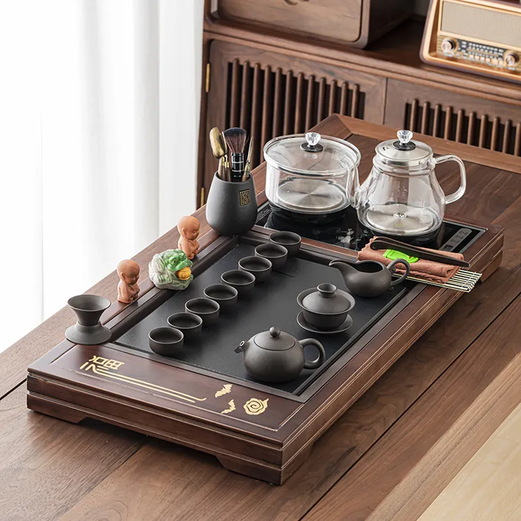 紫砂茶具套装家用客厅简约实木茶盘烧水壶整套一体功夫茶海全自动