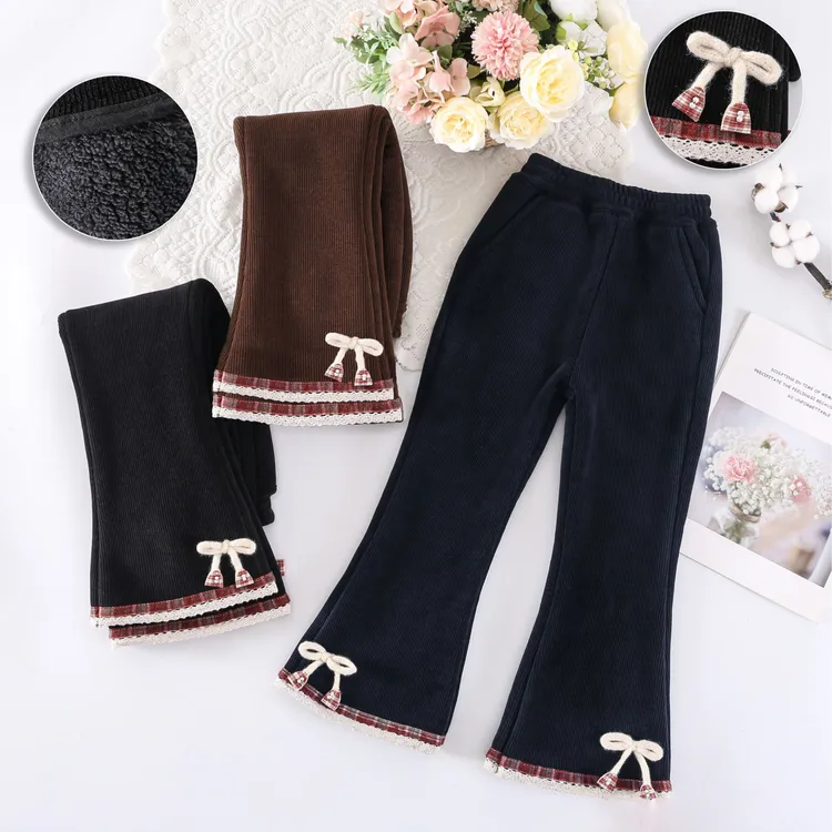 【特厚】 加绒女童喇叭裤冬女中小童休闲裤外穿脚口花边格子喇叭裤