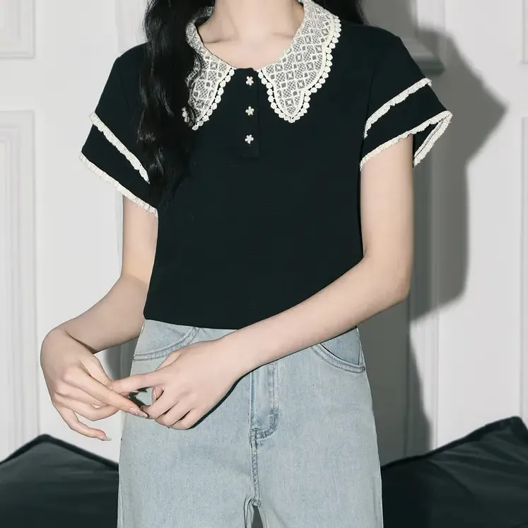 黑色蕾丝娃娃领短袖T恤女夏春新款设计感撞色体恤正肩短上衣