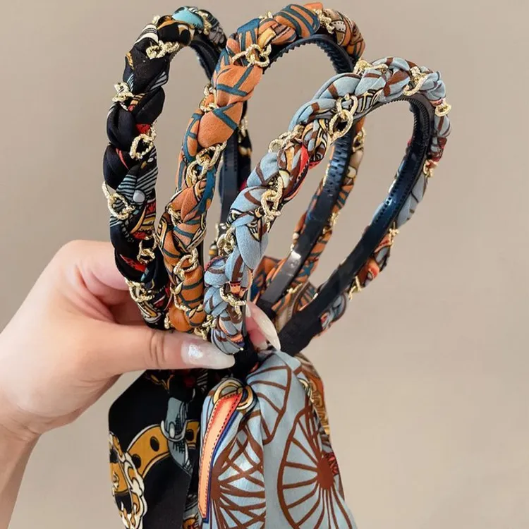 复古链条发箍缎面布艺压发夹发箍飘带发带女绑发一体复古发箍手工