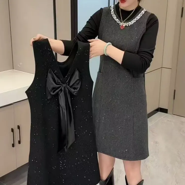 冬季新款纯色收腰显瘦亮片蝴蝶结连衣裙