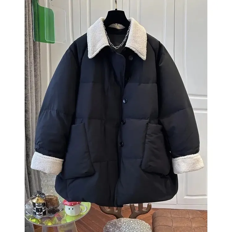 欧洲站棉衣棉服拼接翻领黑色中长款面包服女风衣保暖宽松冬季
