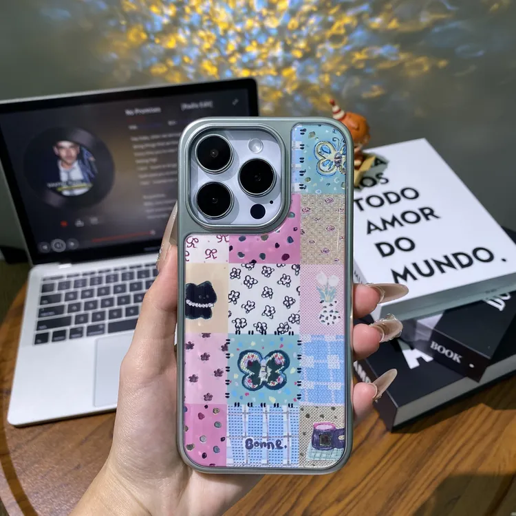 鎏金格子拼接电镀边框适用多型号手机壳防摔保护套网红潮牌创意