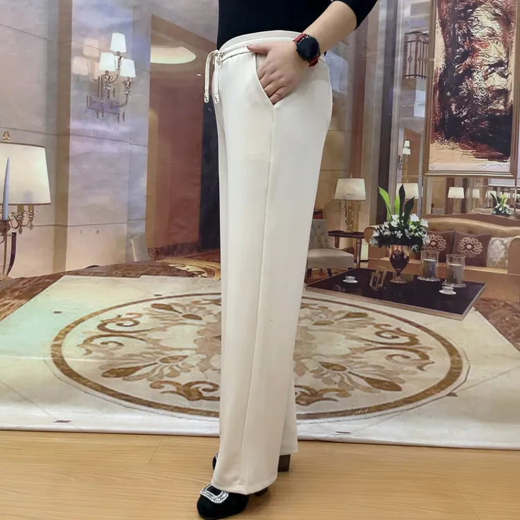 1991--春夏季窄版直筒阔腿长裤2025女松紧腰休闲弹力宽松显瘦长裤