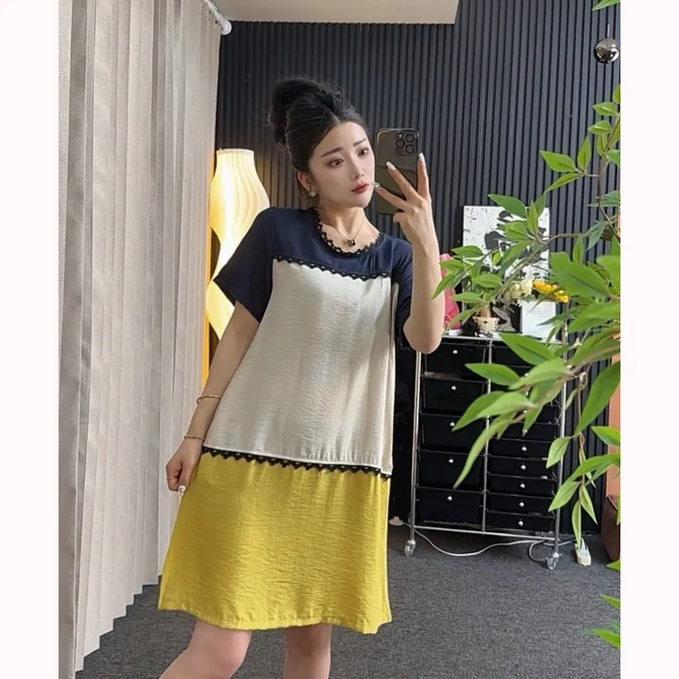 2025夏季休闲拼接纯色圆领拼色显瘦连衣裙蕾丝百搭撞色短袖女