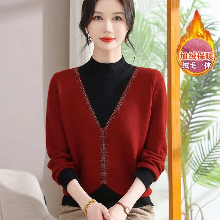 过年新衣服妈妈秋冬装毛衣加绒加厚保暖上衣中老年女一体绒打底衫