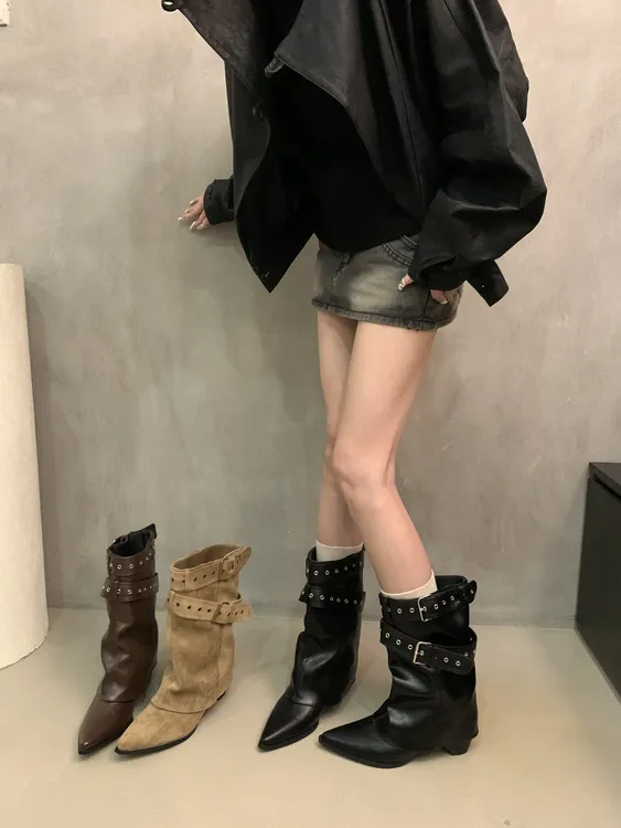 啄木鸟美式辣妹皮带扣短筒靴女靴2025早秋新款小众设计短靴西部靴