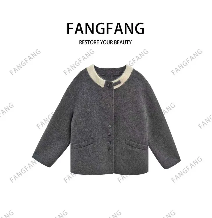 F.F圆领常规皮毛一体毛呢小湖羊皮外套时尚长款经典大衣529308