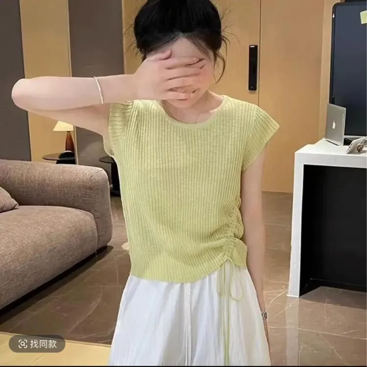 女短袖森系薄款夏季韩版毛针织衫简约飞飞袖抽绳修身针织衫短款