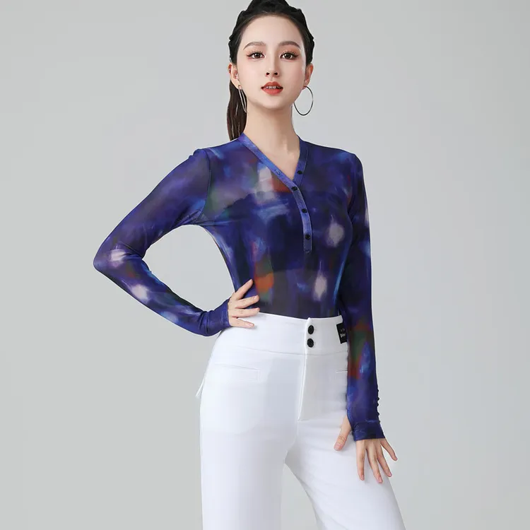 连裆印花网纱舞蹈服广场舞服三步踩伦巴上衣女交谊舞演出服新款夏