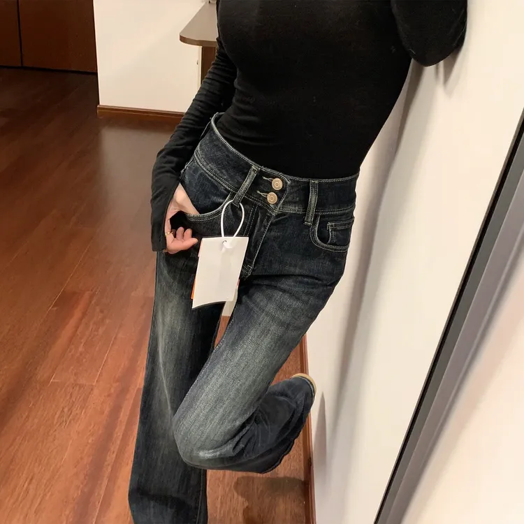 美式复古不贴腿微喇牛仔裤女秋冬新款大码胖mm高腰弹力显瘦马蹄裤