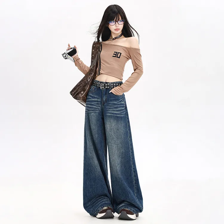 2025夏秋新款复古水洗磨白阔腿牛仔裤女高腰宽松显瘦垂感直筒裤子