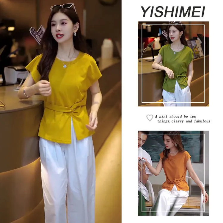 今年流行一整套2025年新款韩系百搭设计感短袖上衣休闲裤两件套装