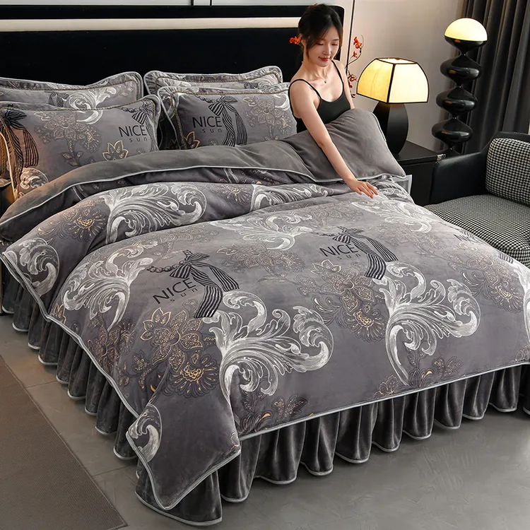 2025新款加厚牛奶绒四件套床裙加绒毛珊瑚绒双面被套罩法兰绒冬季