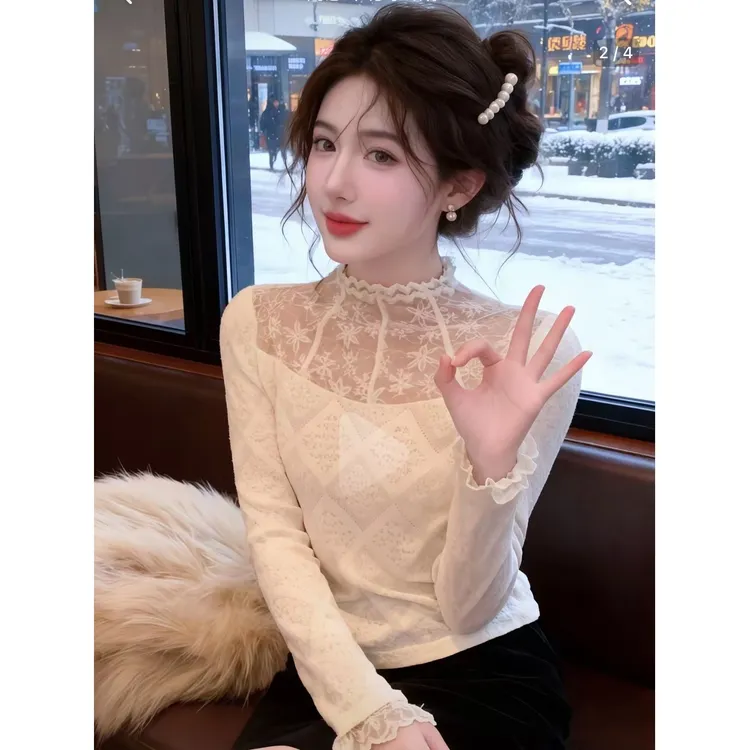 法式女装秋冬季纯欲半高领磨毛上衣蕾丝衫打底衫内搭韩系长袖