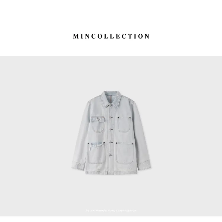 DE Mincollection水洗白外套/中性做旧多口袋工装牛仔外套55505