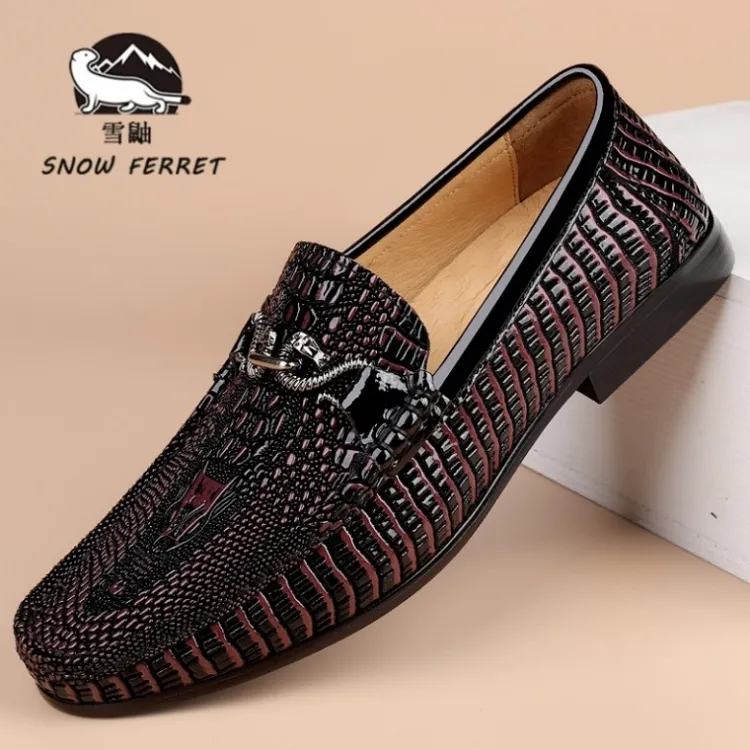 加拿大SNOWFERRET正品皮鞋男款高档真皮豆豆鞋男士压花鳄鱼纹男鞋