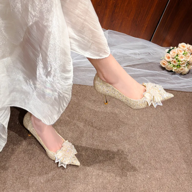 【池美】爆闪香槟色花朵水晶鞋绝美高跟鞋婚鞋禾秀婚纱两穿新娘鞋