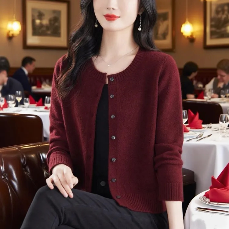 羊毛衫女圆领中年妈妈针织开衫外套短款毛衣外搭春秋