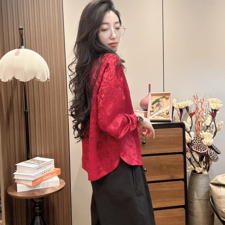 5310新中式国风提花盘扣立领长袖衬衫女新款时尚气质显瘦百搭上衣